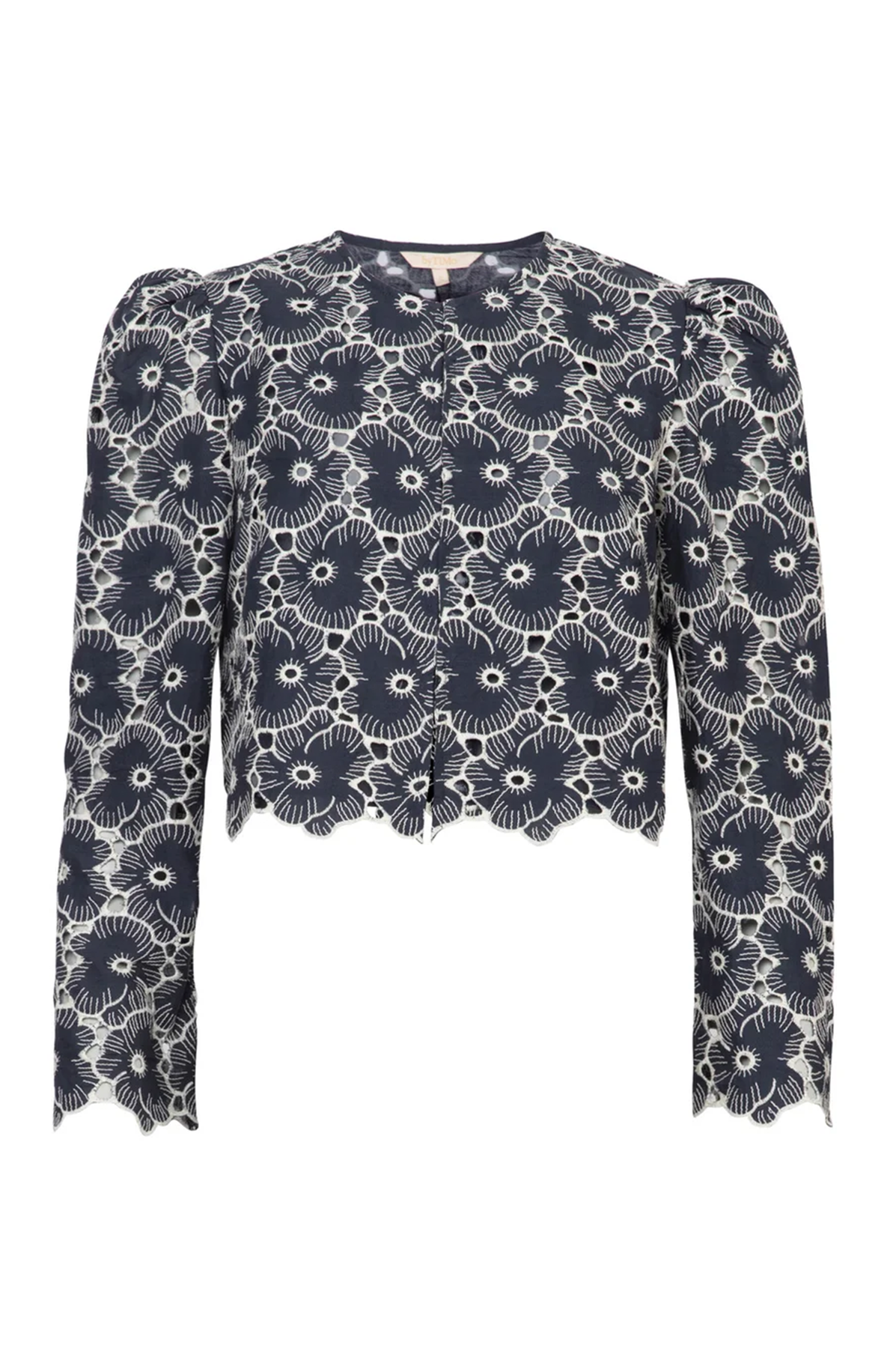 Navy floral patterned blouse on a white background