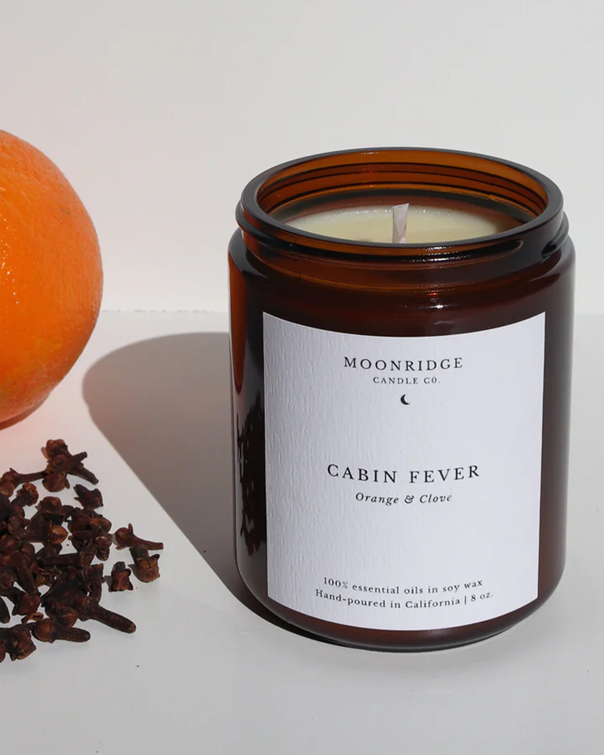 Cabin Fever scented candle from moonridge candles with clove and orange