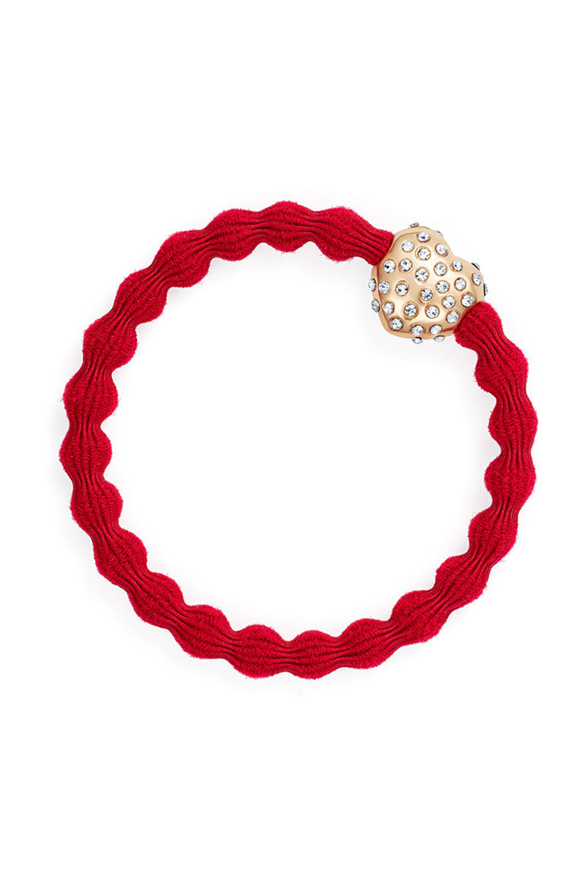 Red textured hair tie with a gold and crystal accent on a white background
