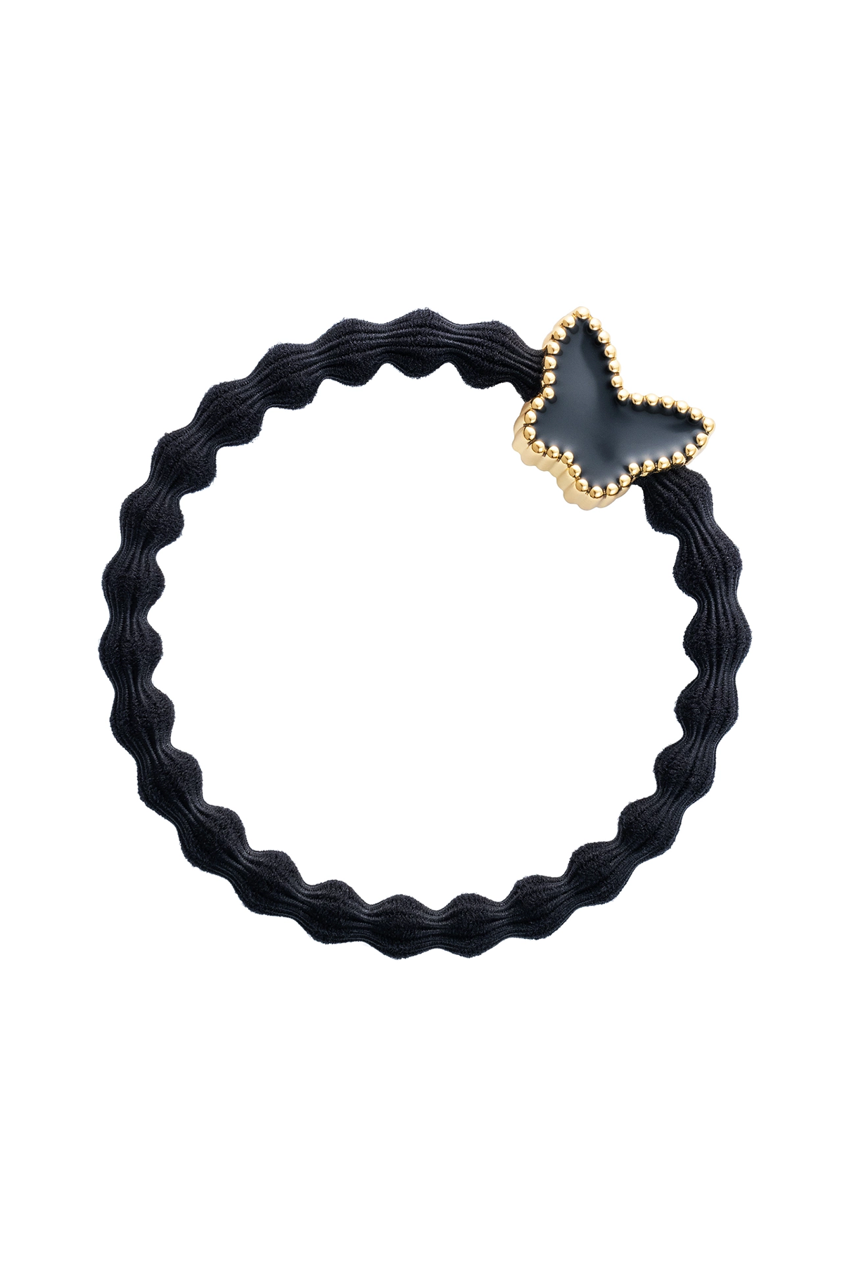 Black hair tie with a gold star-shaped clasp on a white background