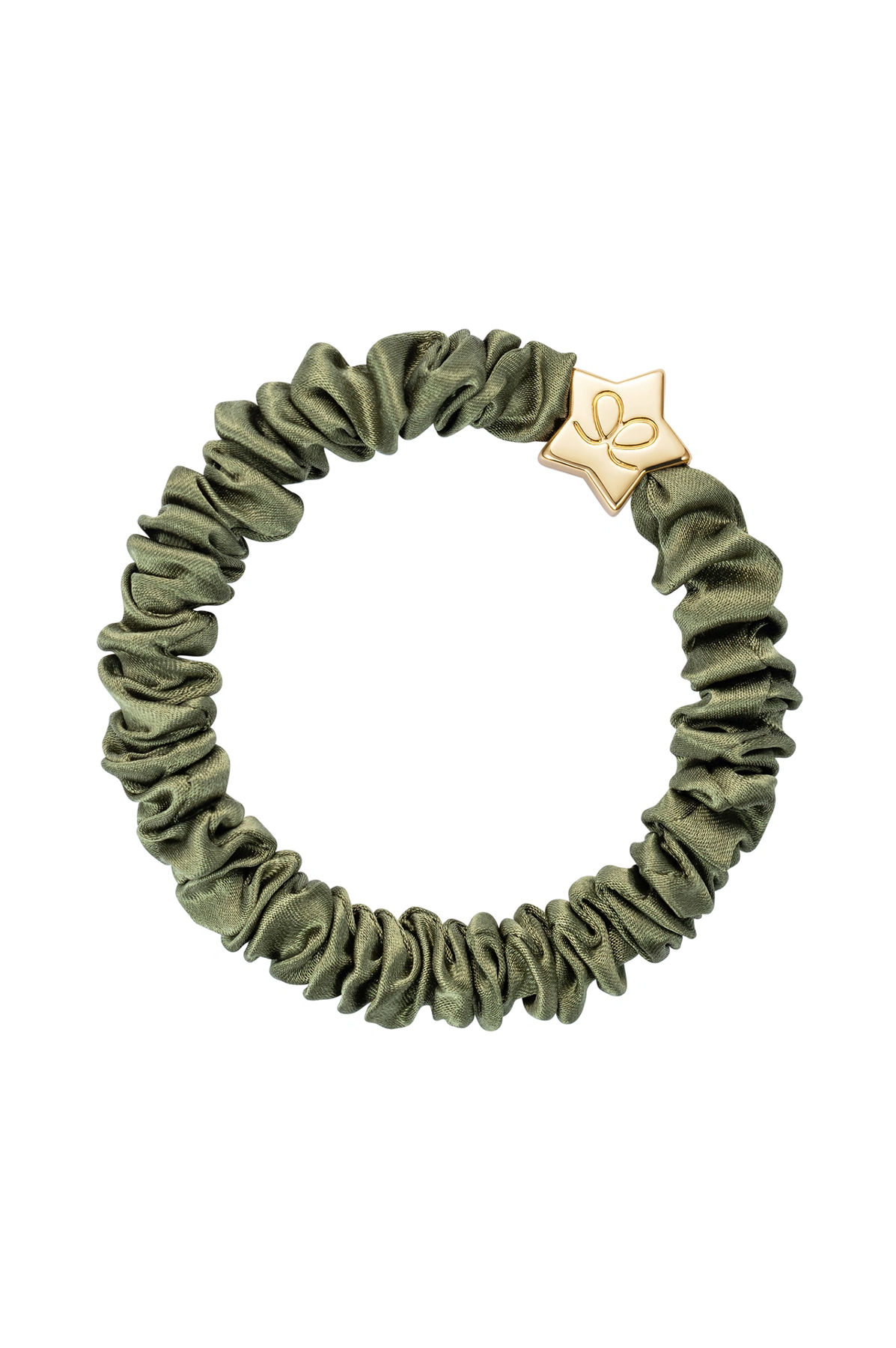 Green scrunchie with a gold star-shaped clip on a white background