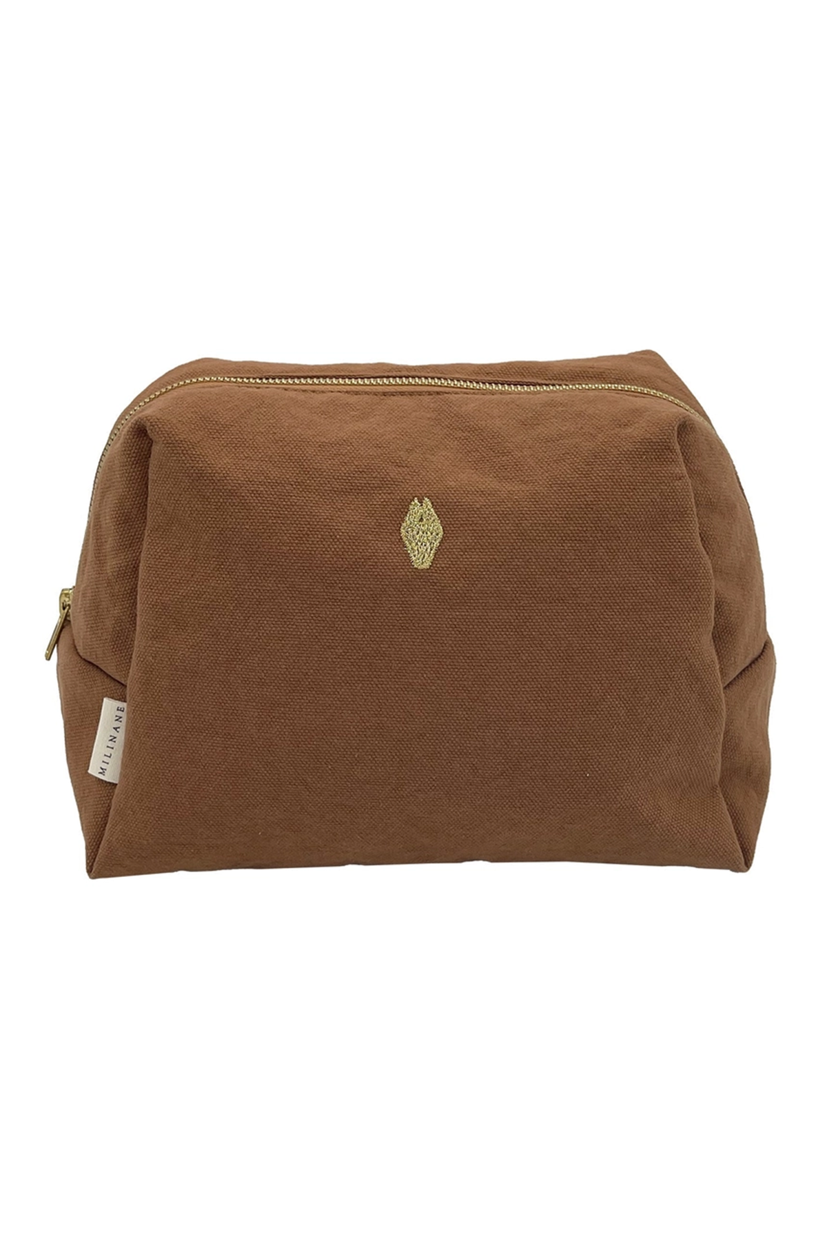 Brown toiletry bag with a logo on a white background