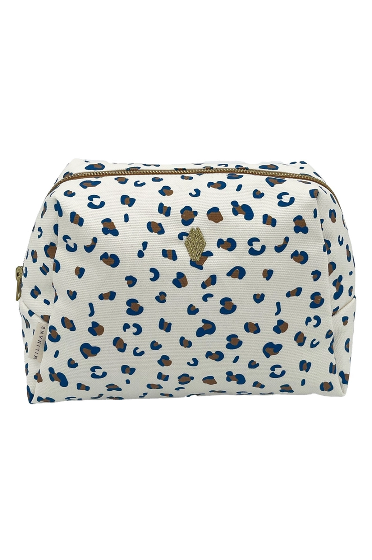 Cosmetic bag with blue leopard print on a white background
