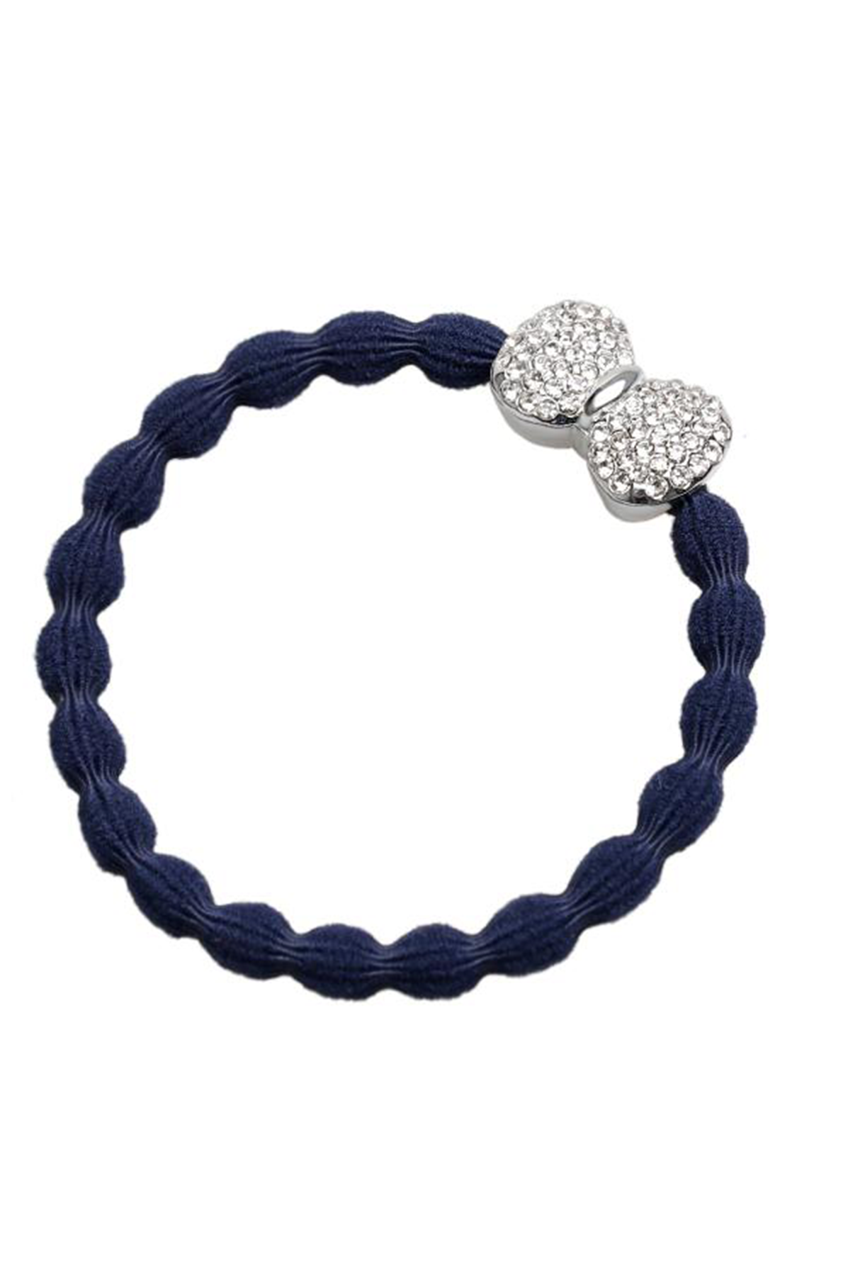 Navy blue hair tie with a silver bow-shaped charm on a white background