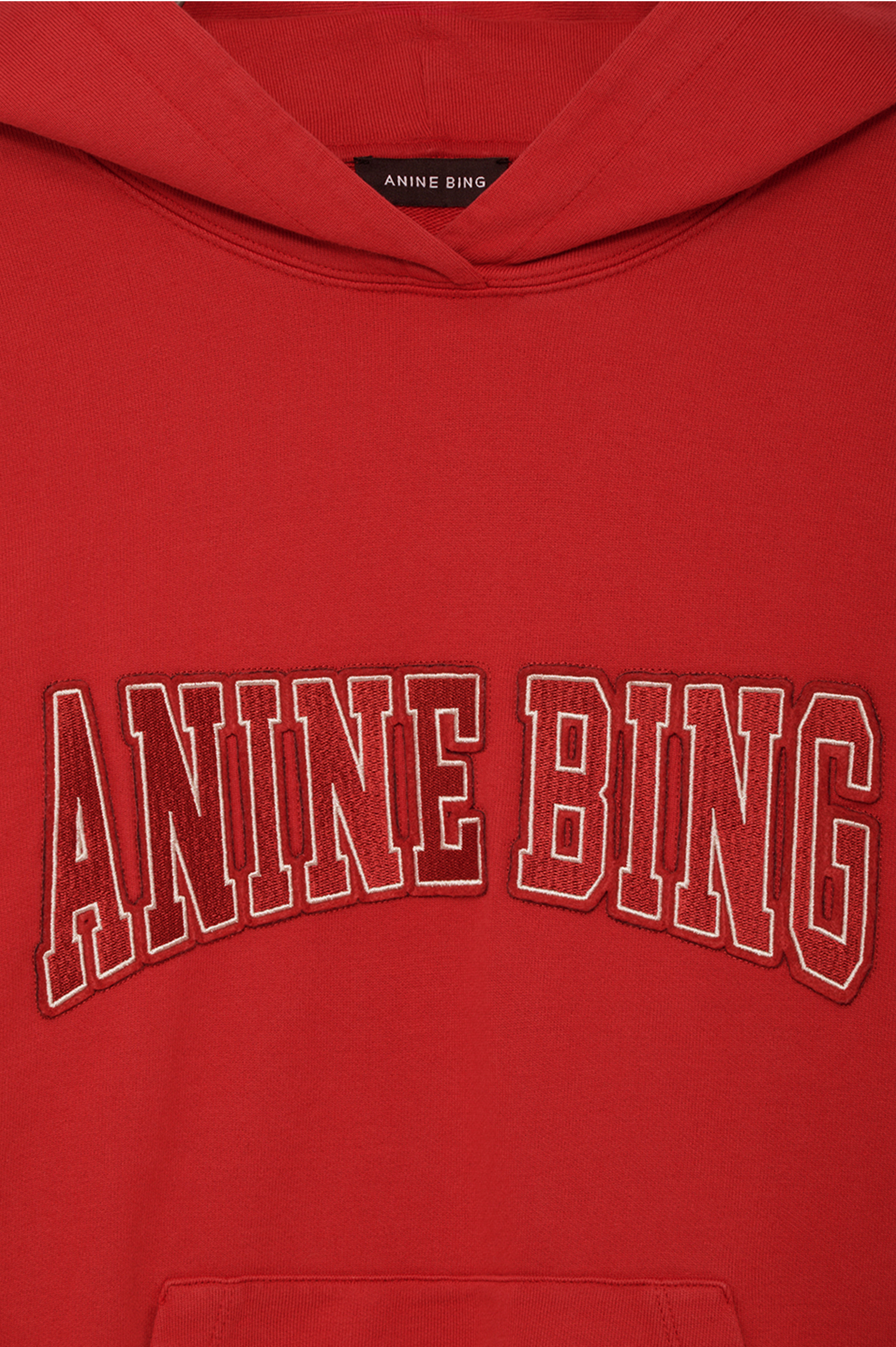 A close-up of a red hoodie featuring the brand name 'ANINE BING' embroidered in arched varsity block letters across the chest.