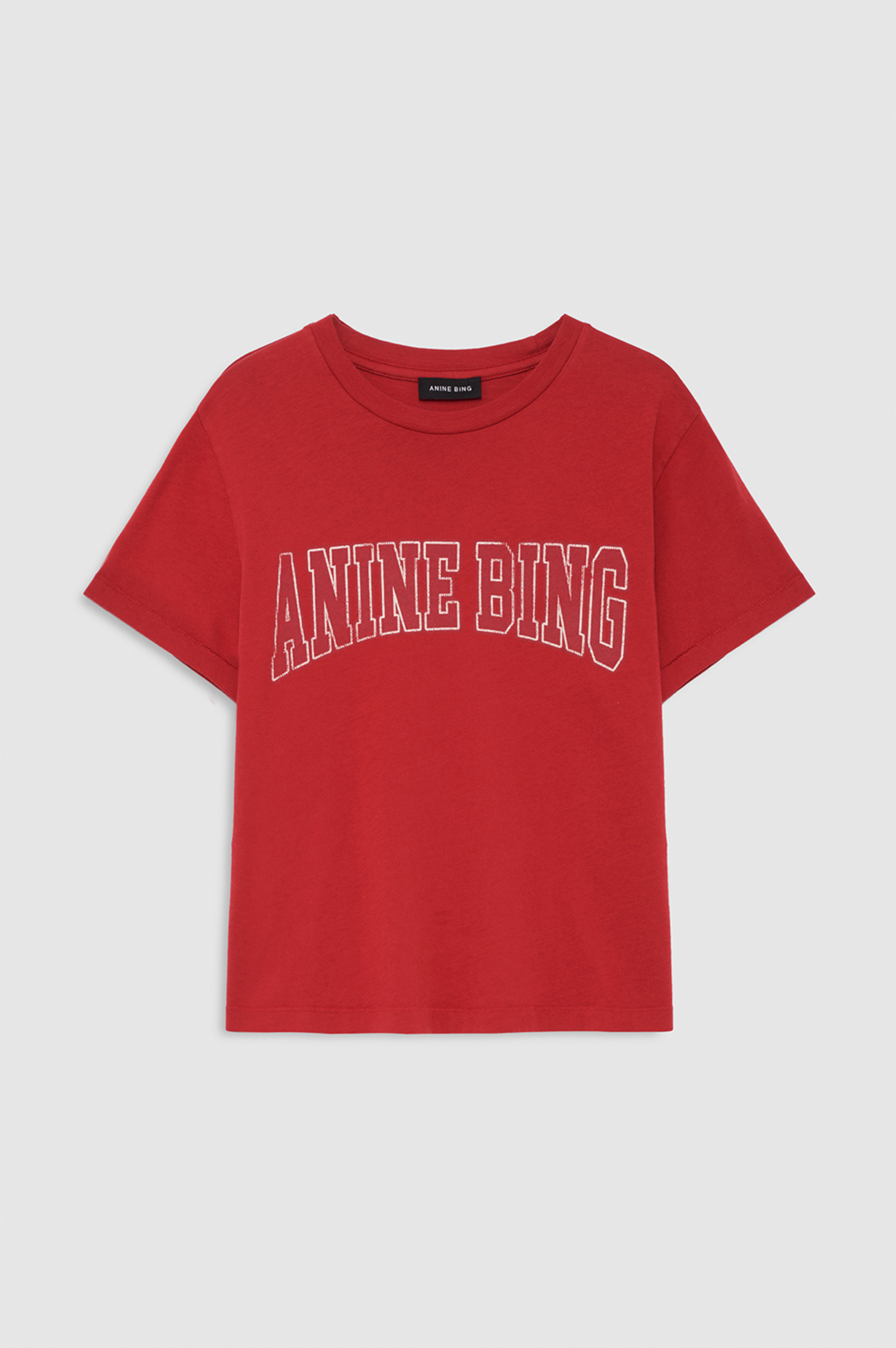 A red short-sleeve t-shirt with 'ANINE BING' printed in white arched block letters across the chest, shown flat on a light gray background.