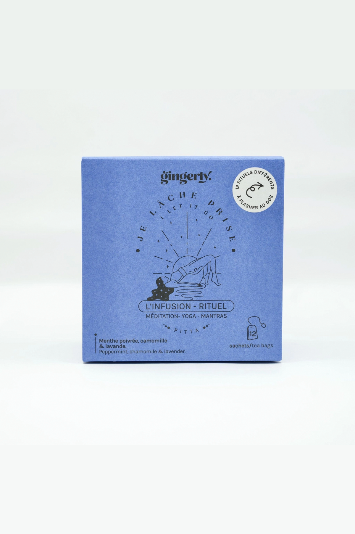 A square blue box of Gingery J'adore Brires ritual incense, featuring black line art of a person meditating and French text, on a clean white background.