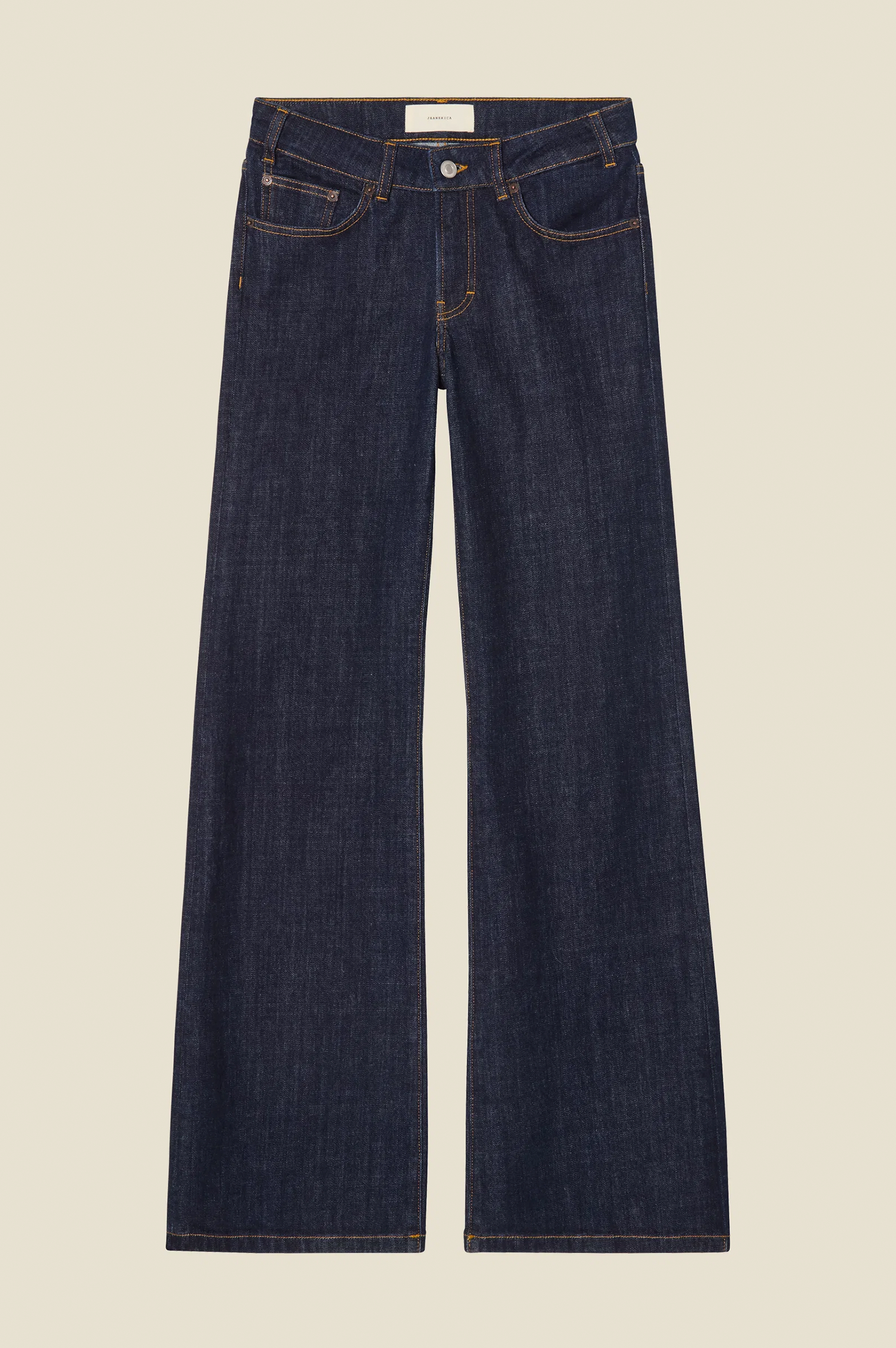 A pair of dark blue san babila denim jeans with a straight-leg fit, shown flat against a solid light beige background.