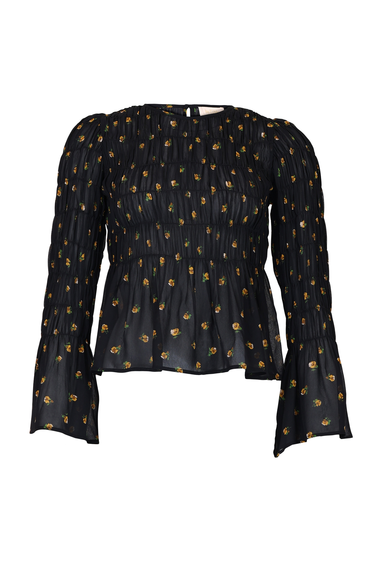 georgette lace top with smock in flower print from norweigian designer by timo on white background