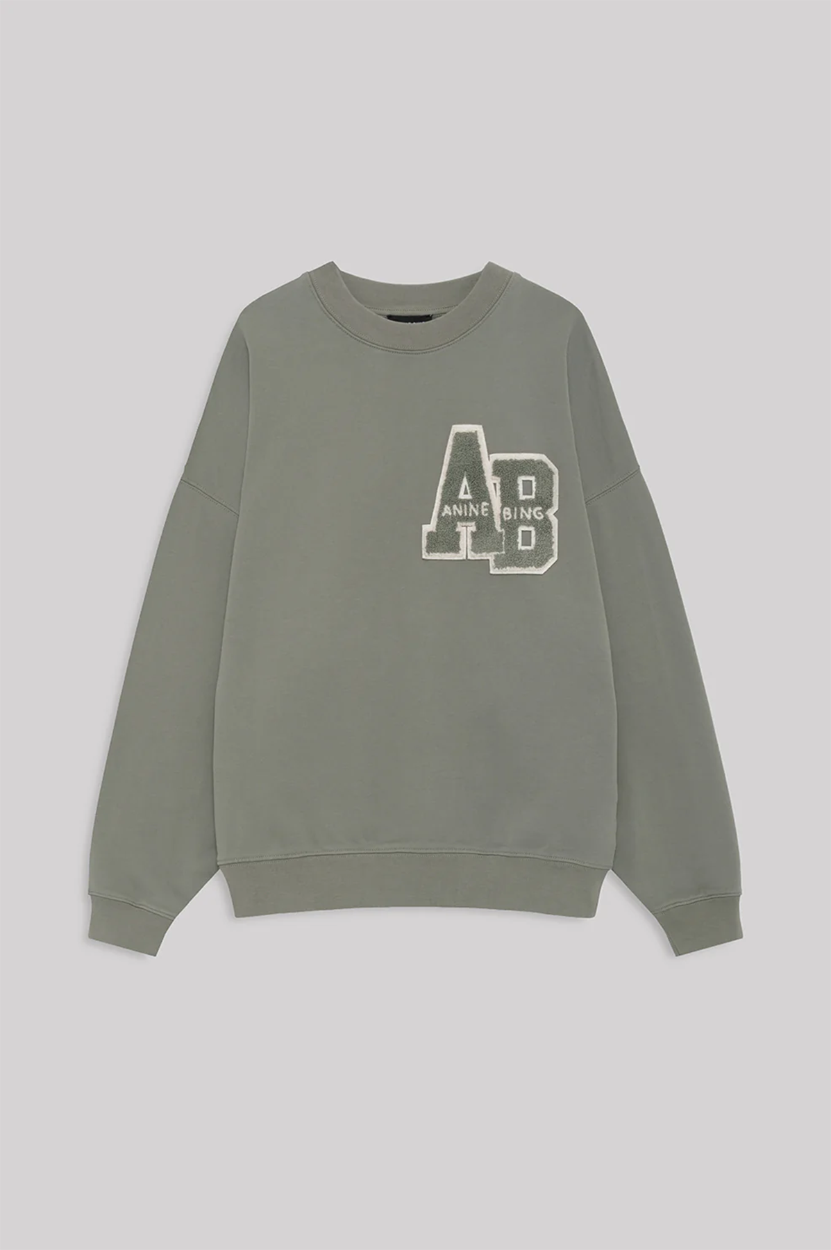 Green sweatshirt with a logo on a light gray background