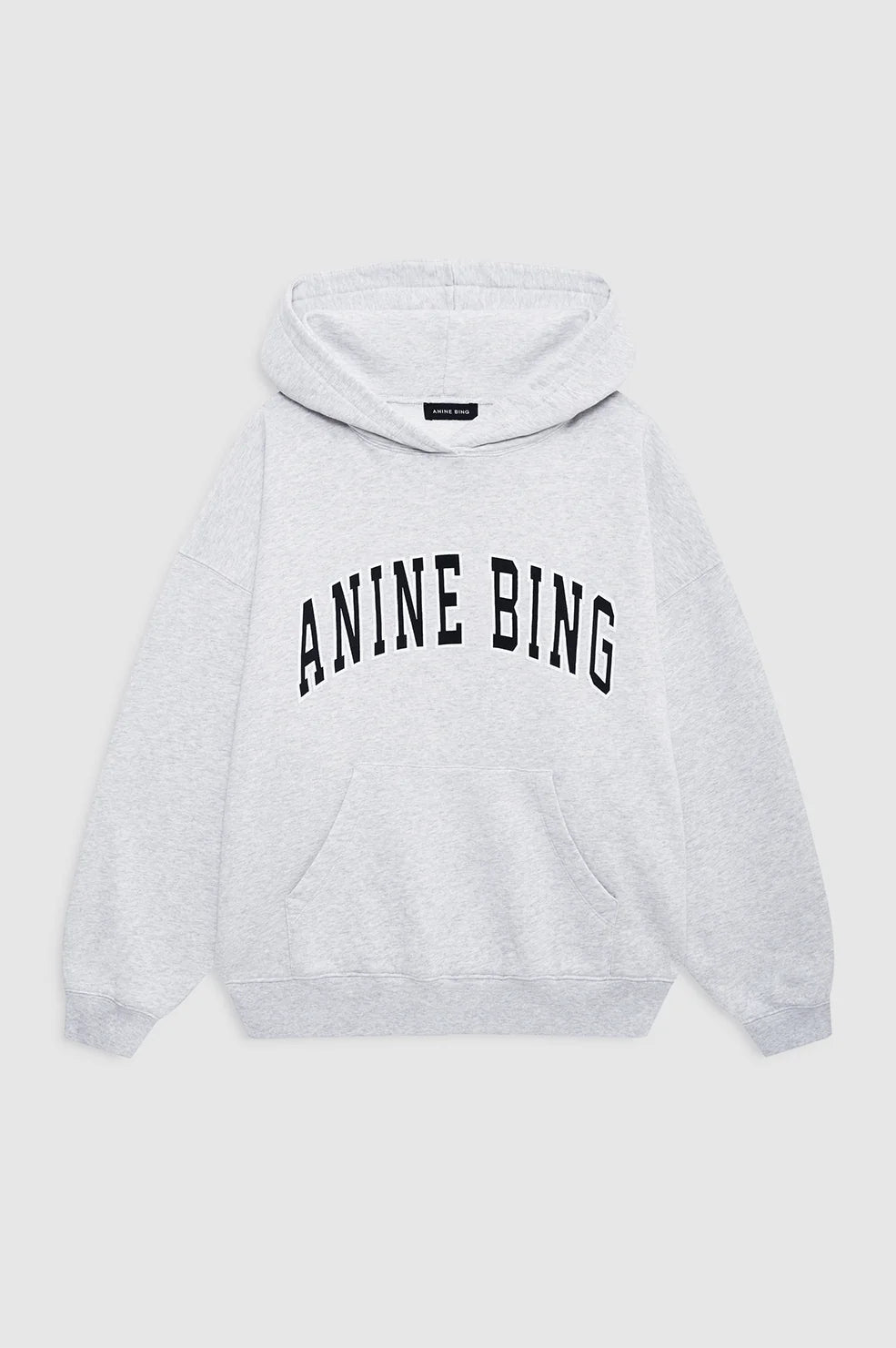 Gray hoodie with 'ANINE BING' text on a white background
