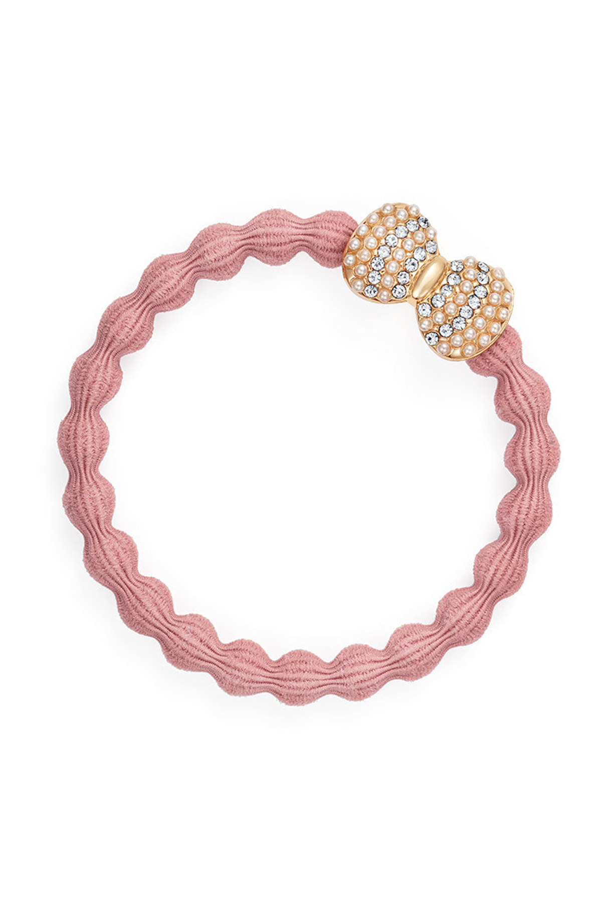 Pink textured hair tie with a gold bow and pearl embellishments on a white background