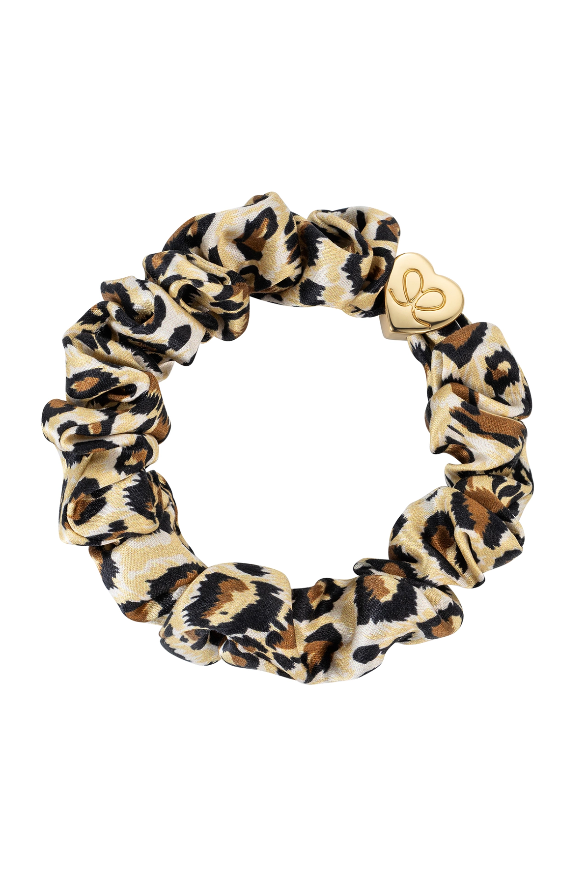 Leopard print scrunchie with a heart-shaped logo on a white background