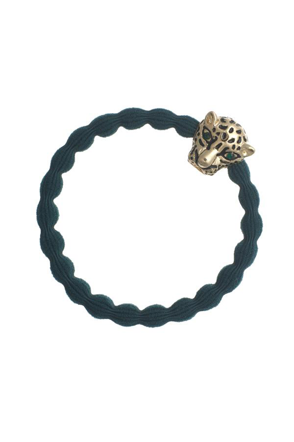Black hair tie with a gold panther head charm on a white background