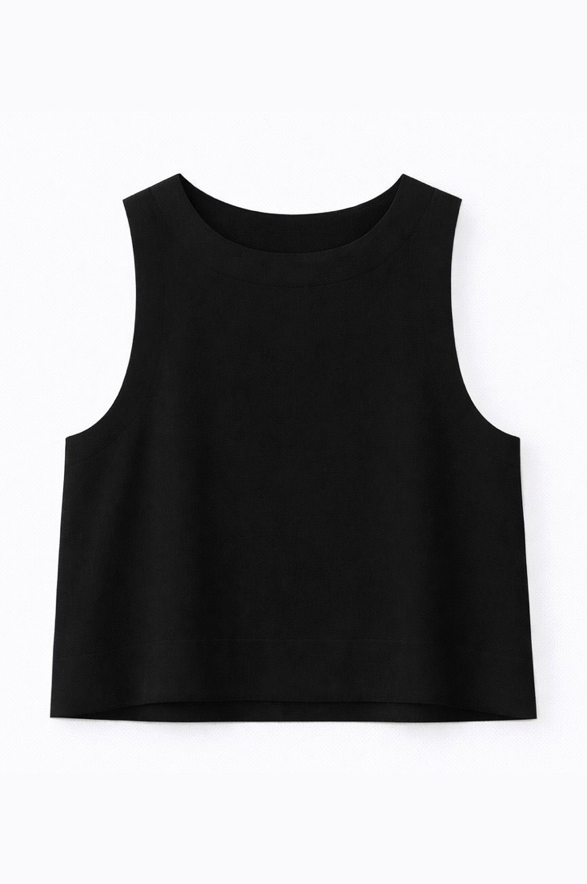 Black sleeveless top  in linen on a white background