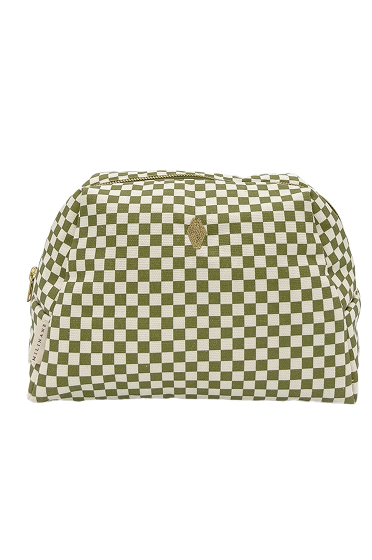 toiletry bag in green and white checkers pattern