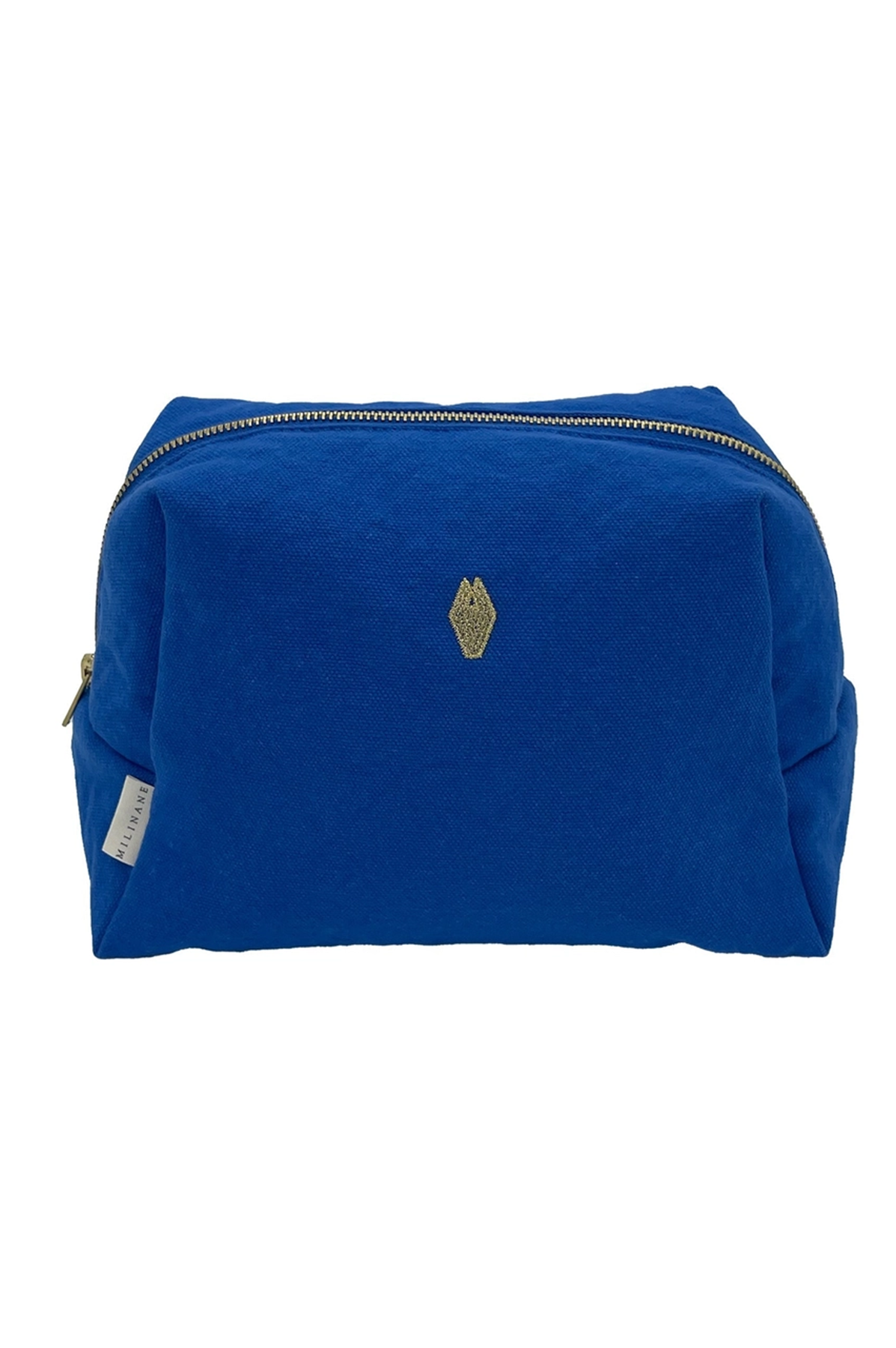 Blue toiletry bag with a small logo on a white background