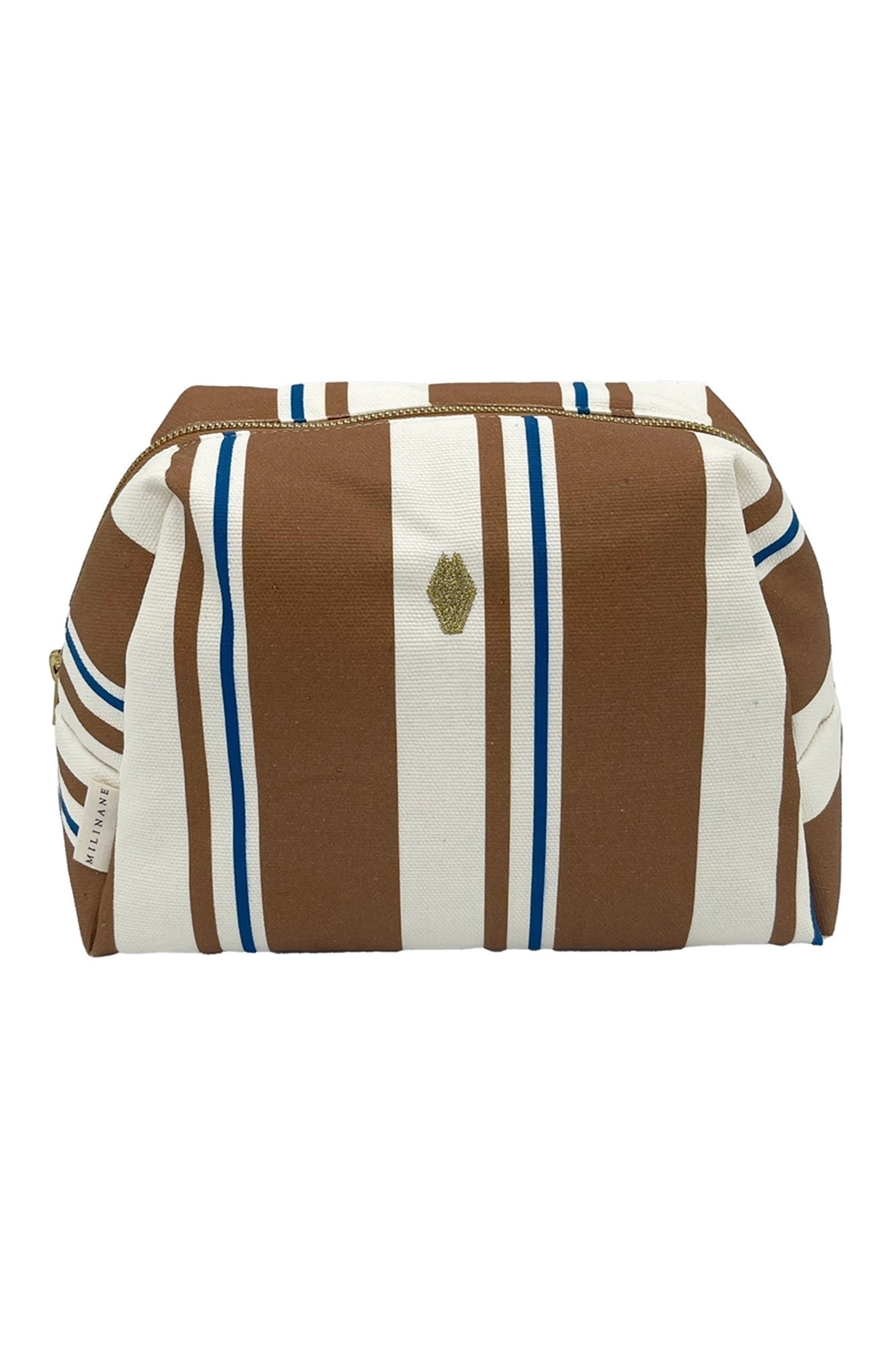 Striped toiletry bag with a logo on a white background