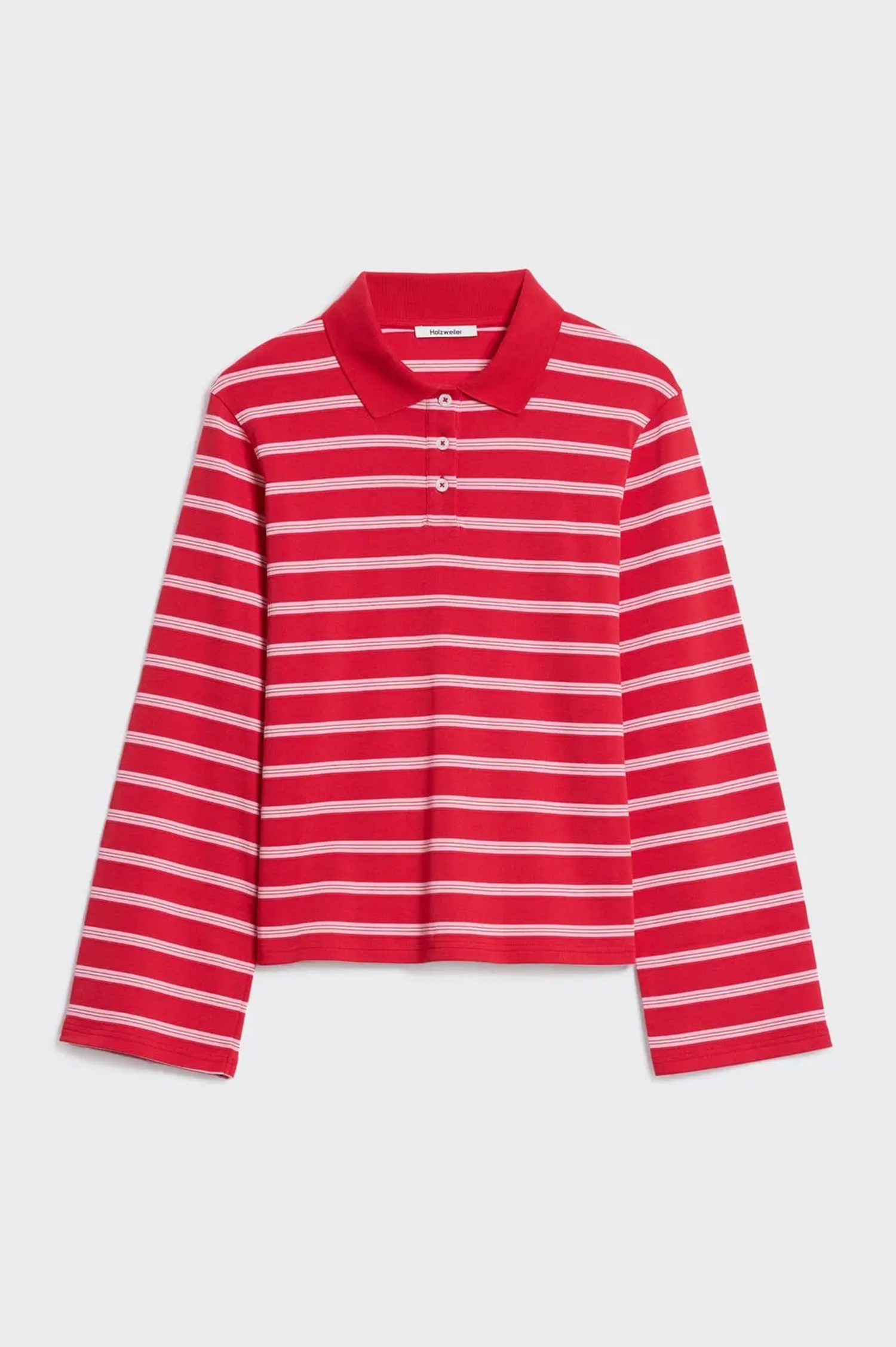 A red and white horizontally striped long-sleeve polo shirt with a three-button placket, displayed flat against a light gray background.
