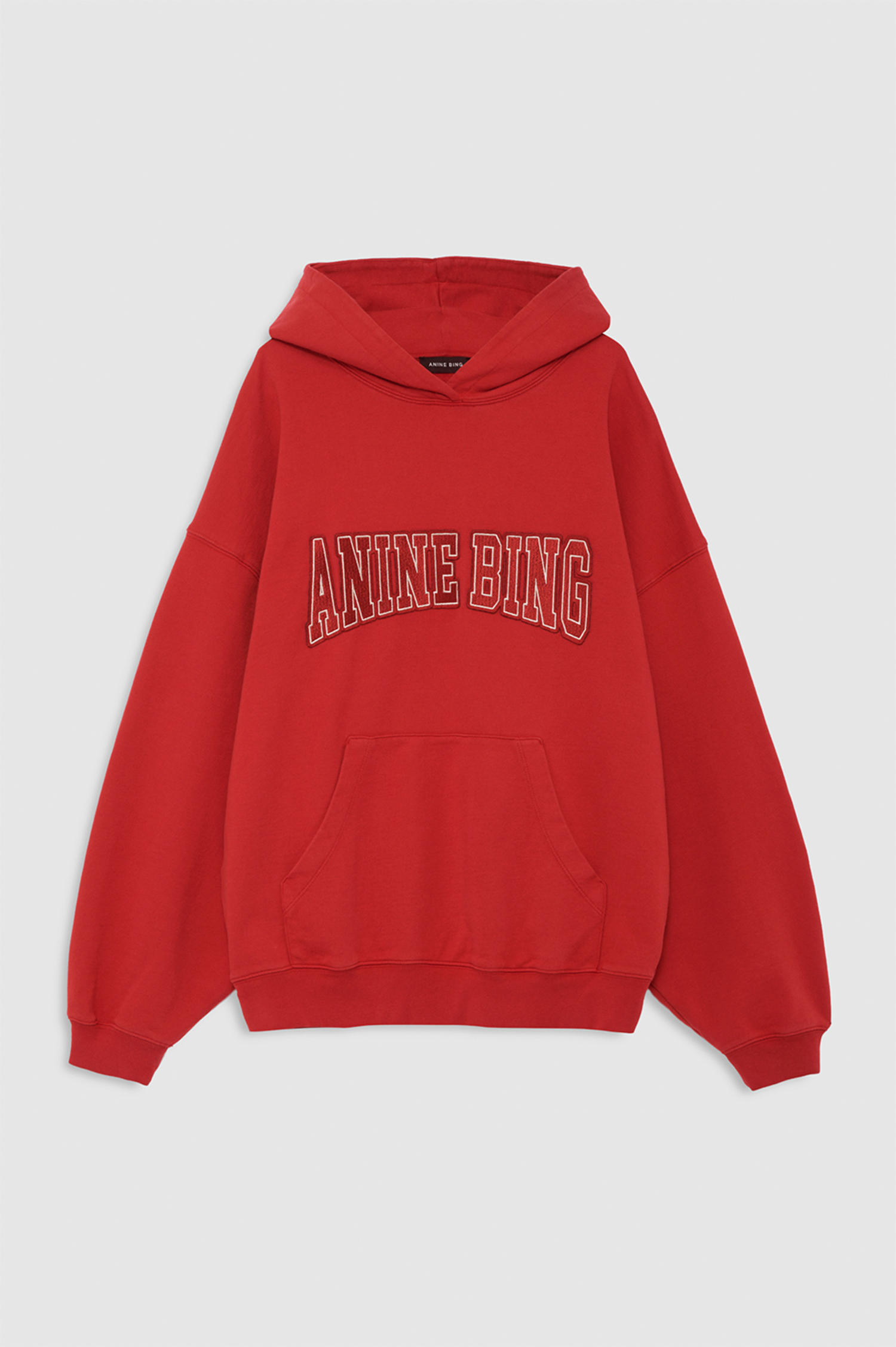 A red pullover hoodie with 'ANINE BING' printed in arched block letters across the chest, displayed on a light gray background.