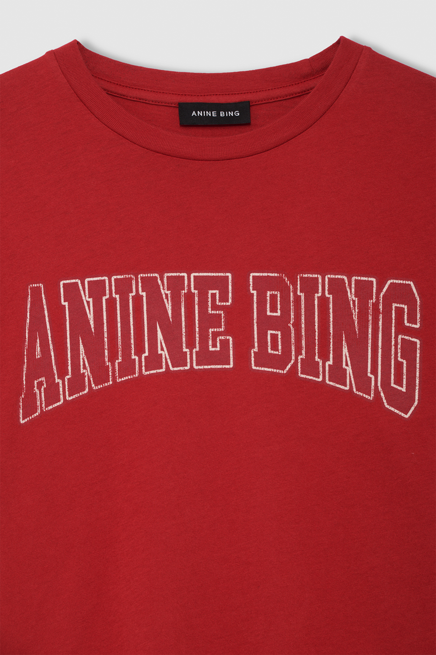 A close-up of a red crewneck t-shirt featuring the brand name 'ANINE BING' printed in white arched block letters across the chest.