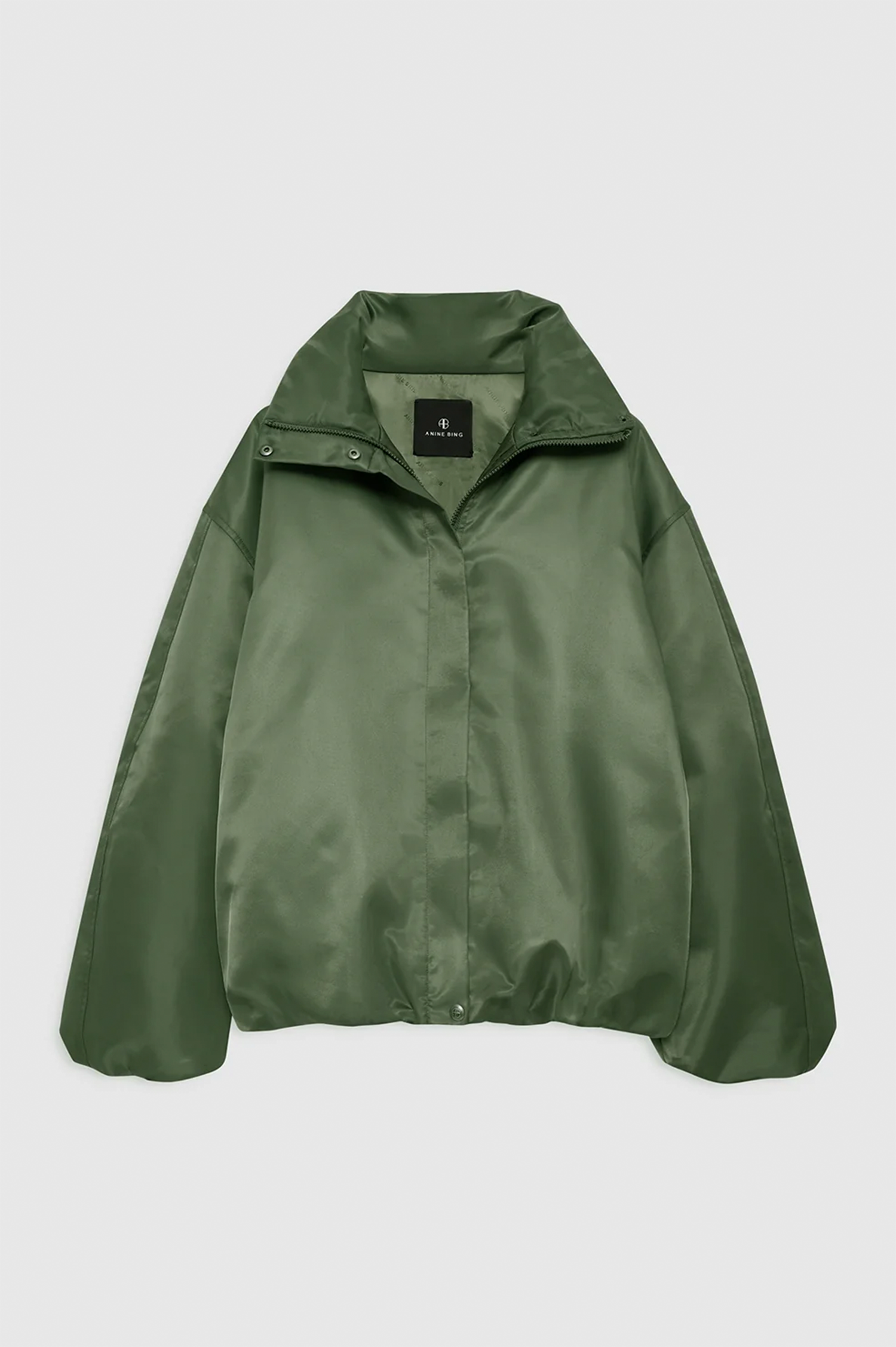 An olive green satin jacket with a high collar and snap-button details, displayed flat against a light gray background.