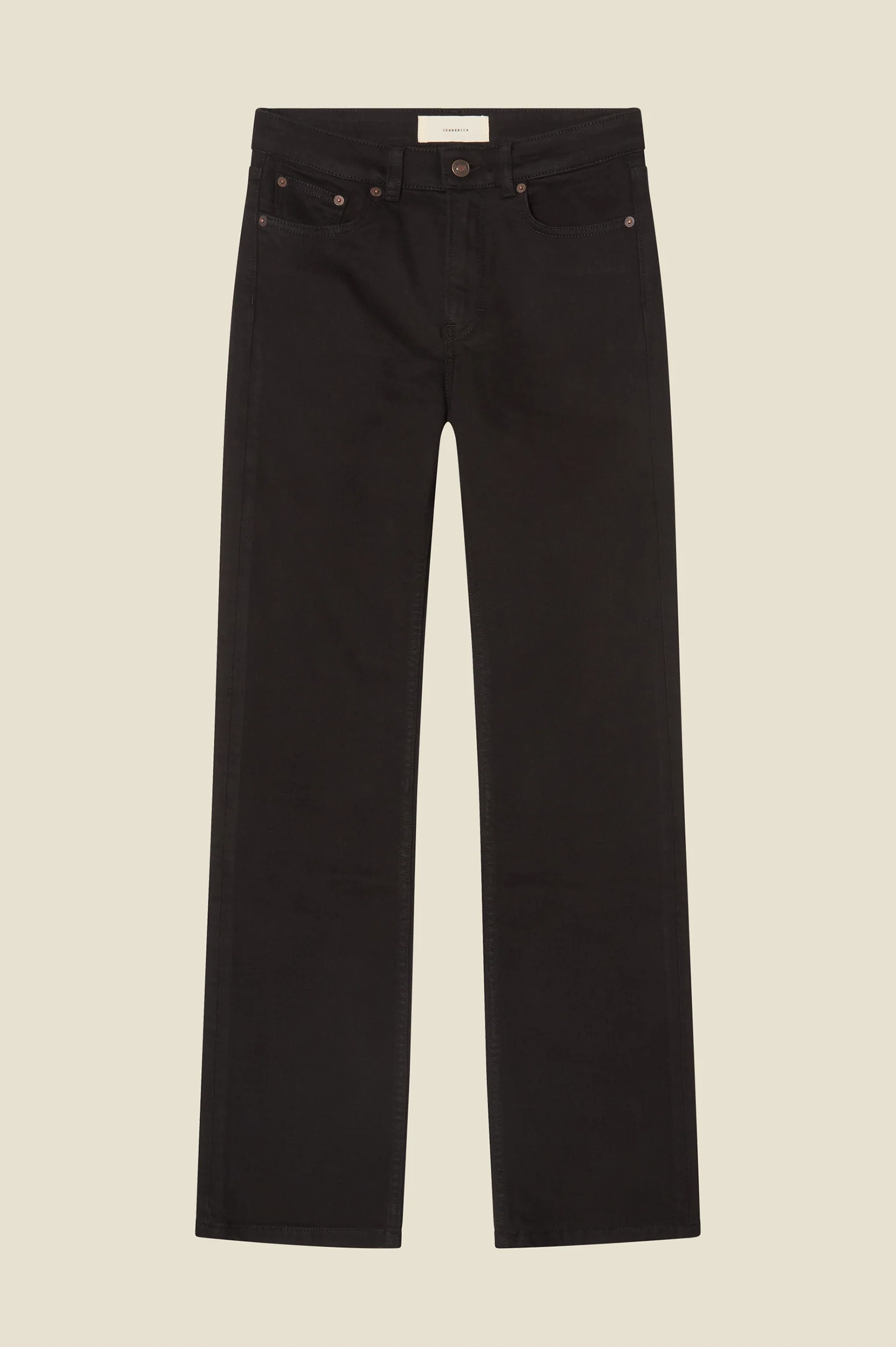 Black denim jeans from jeanerica with a straight-leg fit, displayed flat against a light beige background.