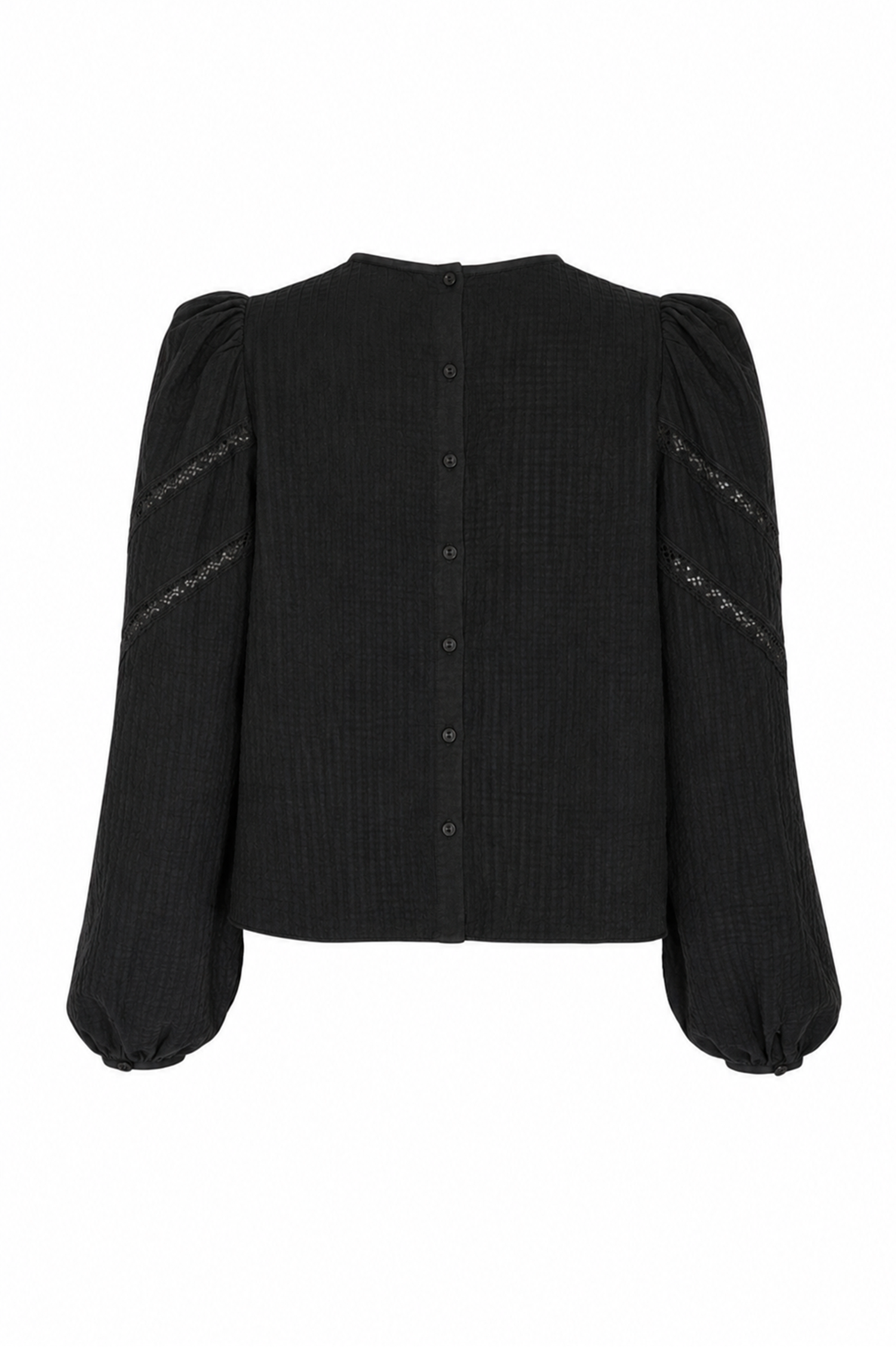 A black textured long-sleeve blouse with puffed balloon sleeves and decorative chain embroidery on the upper sleeves from By Timo, shown from the back against a plain white background.