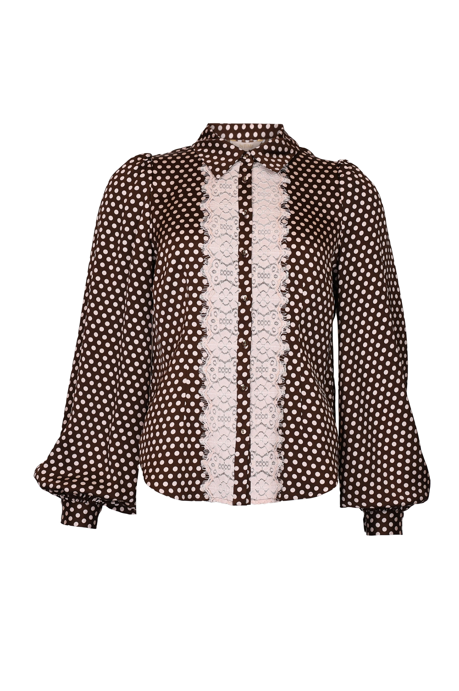 Satin shirt from by timo in color brown with white polka dots and lace