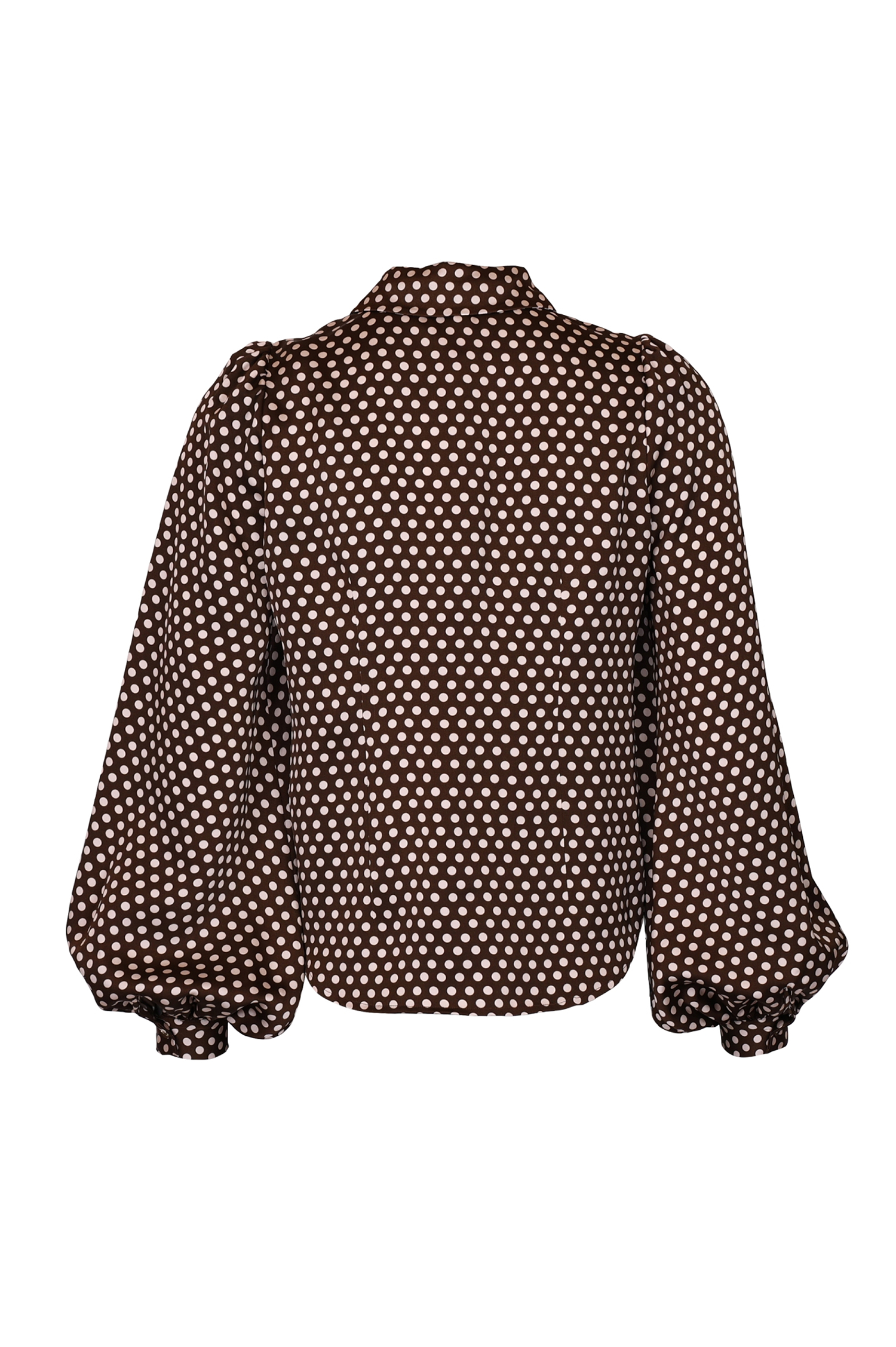 A brown long-sleeve blouse with a dense white polka dot pattern from By Timo, featuring a high collar and voluminous balloon sleeves with gathered cuffs, shown against a plain white background.
