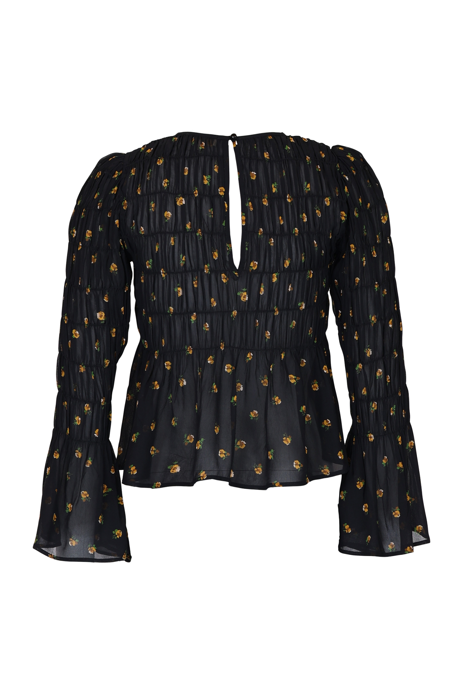 A black long-sleeve blouse with a small yellow floral pattern, featuring a split V-neckline and pleated details on the bodice and sleeves from by timo, shown against a plain white background.