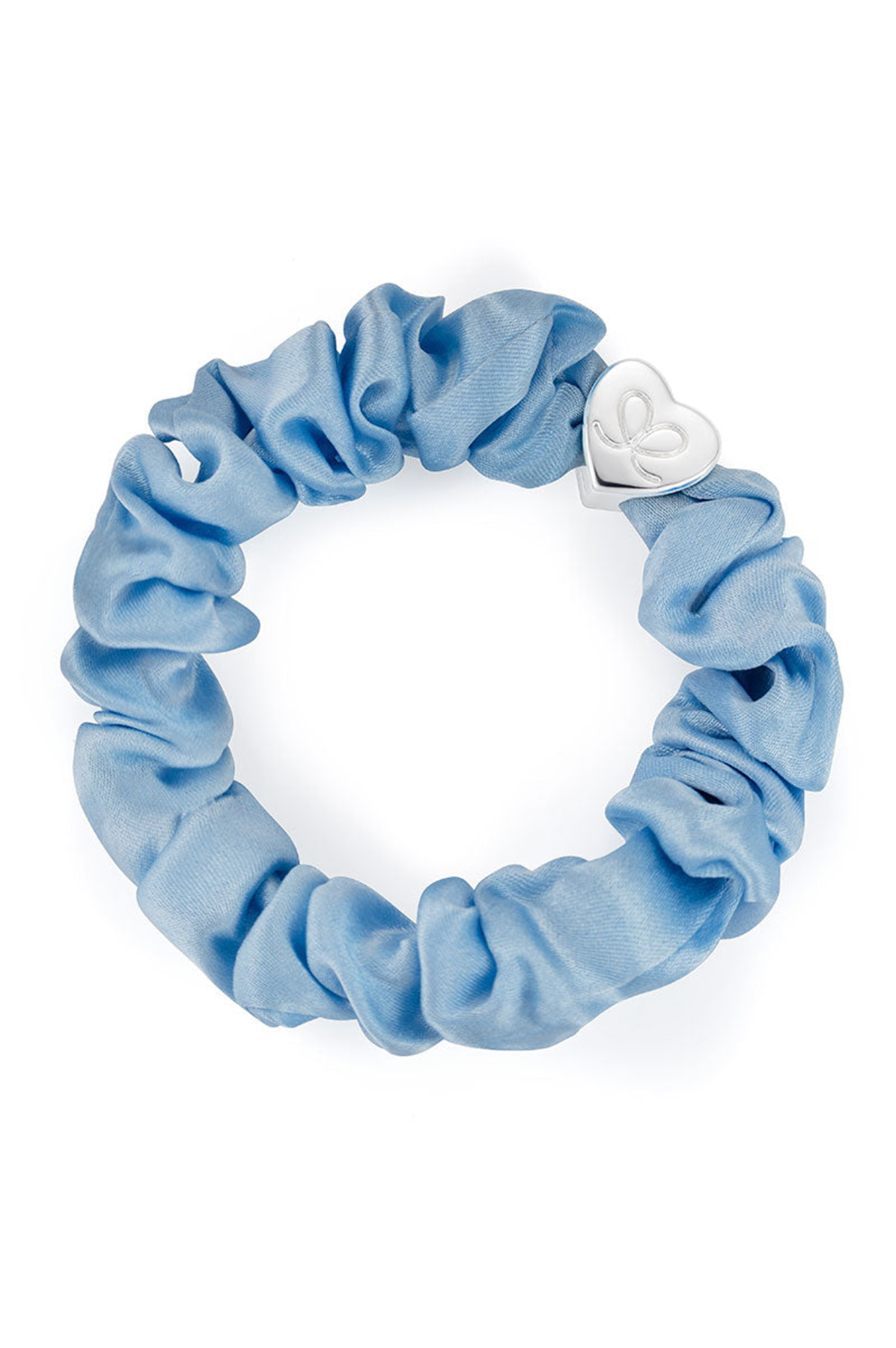 Blue scrunchie with a white heart on a white background