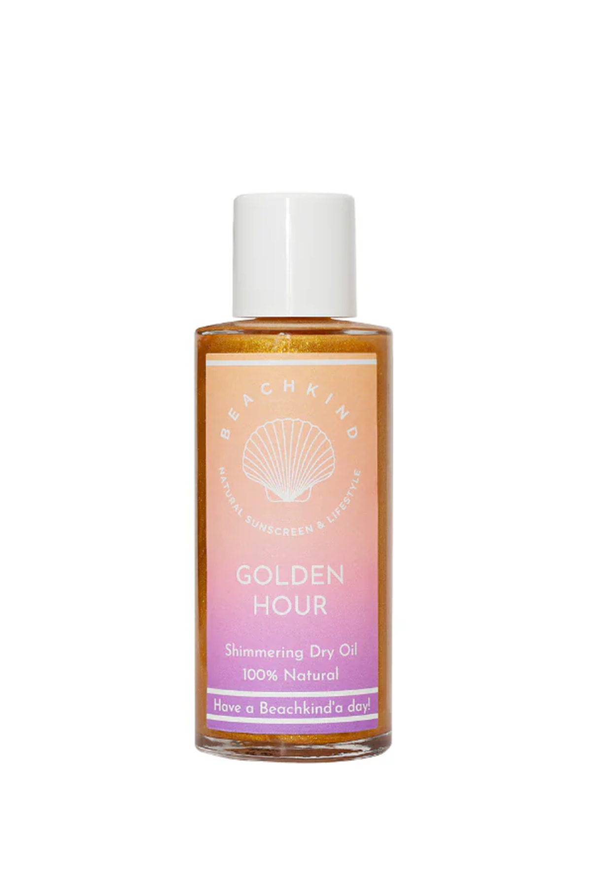 Bottle of 'Golden Hour' shimmering oil from beachkind with white background