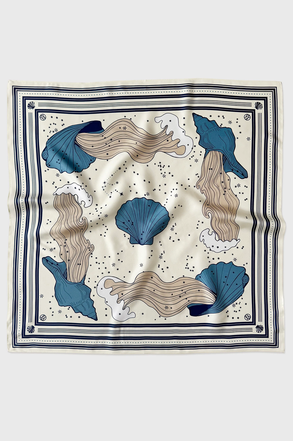 Decorative scarf with shell and wave pattern on a white background