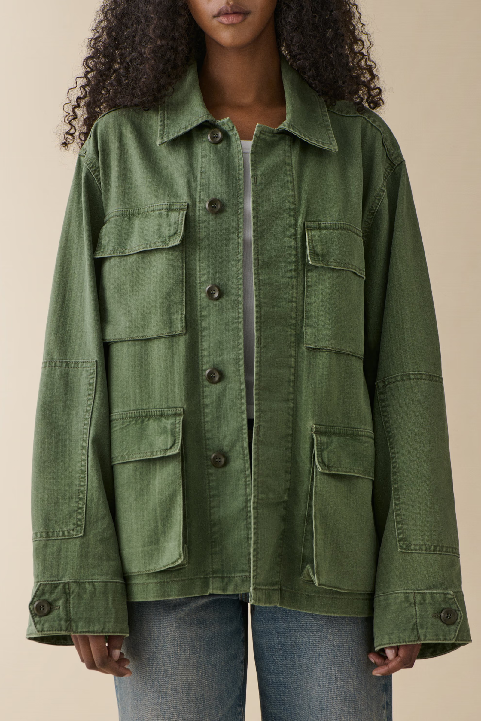 lucy jacket in chevron green from jeanerica on model